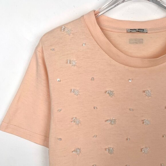 Miu Miu Orange Pink Beaded Applique Cotton Round Neck Short Sleeve T-Shirt Size - Picture 7 of 8